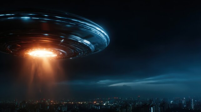 A sleek UFO hovers above a dark urban skyline, emitting a beam of light, invoking curiosity and wonder about extraterrestrial life and the unknown.