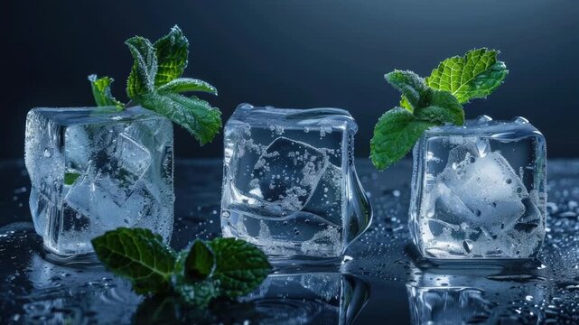 Three ice cubes filled with fresh mint leaves