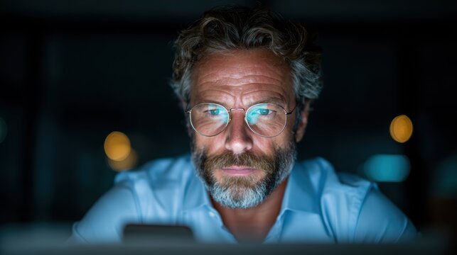 A thoughtful man with curly hair and glasses stares at his smartphone screen in a dimly lit environment, reflecting concentration and curiosity in the digital age. - Powered by Adobe
