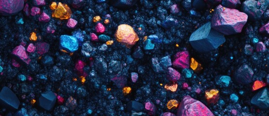 Vibrant stones scattered on dark textured surface