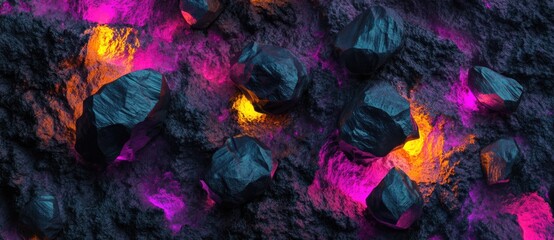 Colorful glowing rocks against dark background