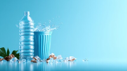 An artistic depiction of a water bottle spilling its contents next to a blue trash bin, symbolizing the importance of waste management and environmental awareness.