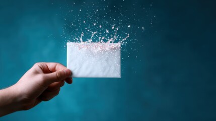 A hand is presented holding an envelope that bursts with pink liquid, bringing forth feelings of surprise and creativity against an artistic blue background, enhancing visual interest.