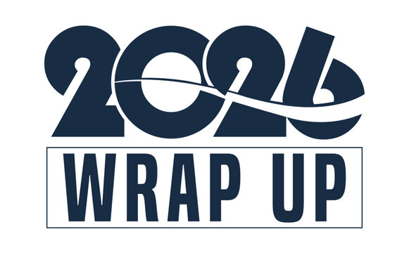 Modern &ldquo;2025 wrap up&rdquo; typography logo in bold navy blue with dynamic swoosh line, isolated on white background, ideal for New Year events, business presentations, and futuristic branding designs.