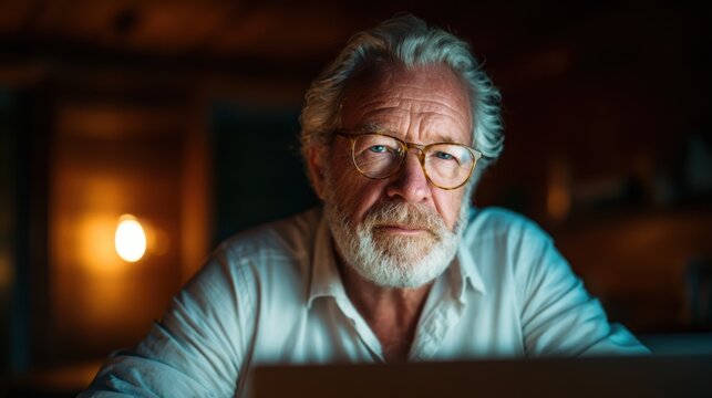 A contemplative portrait of an elderly man with glasses, glowing in warm light, reflecting deep wisdom and experience, showcasing the beauty of aging gracefully.