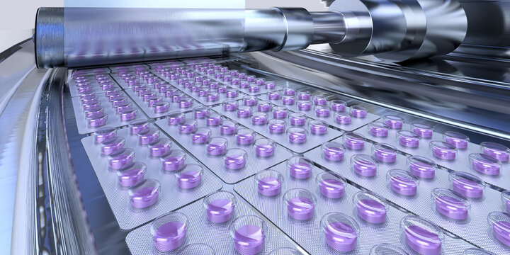 Automated pharmaceutical production line with purple medical pills in blister packs on conveyor belt. 3D illustration of drug manufacturing process. Medicine industry, healthcare technology, pharma