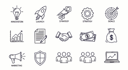 A collection of minimalist line art icons representing various business concepts, including innovation, strategy, goals, and marketing initiatives.