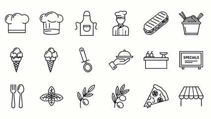 A collection of minimalistic line icons representing various elements related to the culinary arts, including chefs, food items, and kitchen equipment.