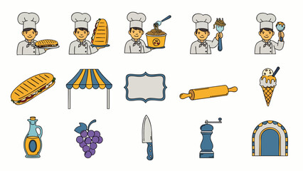 A charming set of food-related vector icons features chefs, sandwiches, ice cream, and cooking tools, perfect for culinary-themed designs and illustrations.