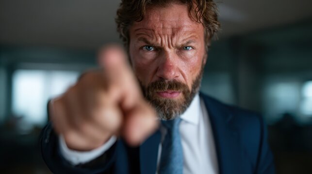 A focused businessman with a beard points assertively, illustrating determination and authority while capturing the essence of leadership and standing firm in a professional environment.
