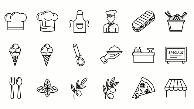 A collection of minimalistic line icons representing various elements related to the culinary arts, including chefs, food items, and kitchen equipment.