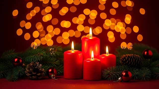 Four red candles with christmas ornaments and pine branches on a red surface silhouette