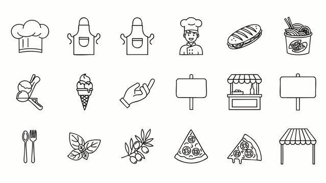 A set of food and cooking icons in a simple, minimalist outline style, perfect for culinary websites, menus, or recipe blogs, offering a clean and modern aesthetic.