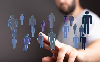 Human connection and digital interface of floating person figures. Illustrating teamwork, network, and communic