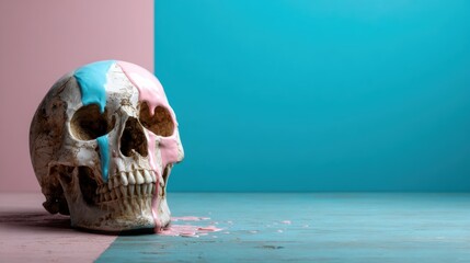 An artistic representation of a skull adorned with vibrant, dripping paint contrasts life and death while evoking themes of creativity and duality in modern art.