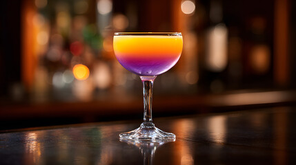 sunset cocktail with violet and orange gradient layers on dark bar background