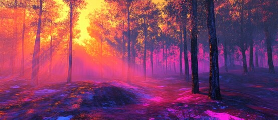 Vivid sunset in a magical forest