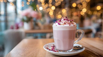 rose latte with whipped cream and rose petals on saucer in cafe