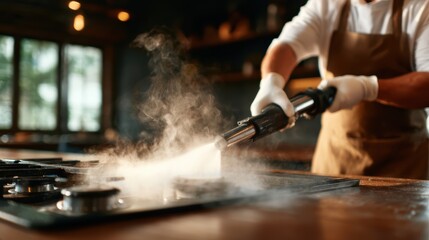 A chef utilizes a culinary torch in a rustic kitchen, enveloped in beautiful steam, highlighting the art of cooking and skill, while showcasing the warmth of home-cooked meals.