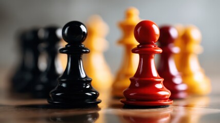 A close-up shot showcases black and colorful chess pieces on a blurred background, creating a strategic and artistic essence while symbolizing intellect and competition.