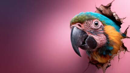 A vibrant parrot emerges from a pink backdrop, showcasing its vivid colors and playful demeanor, perfect for capturing tropical or exotic themes in photography.