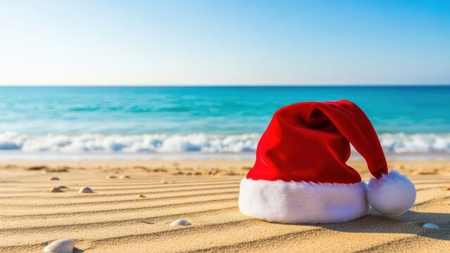 Bright and Beautiful Santa Hat on Sandy Beach Holiday Getaway