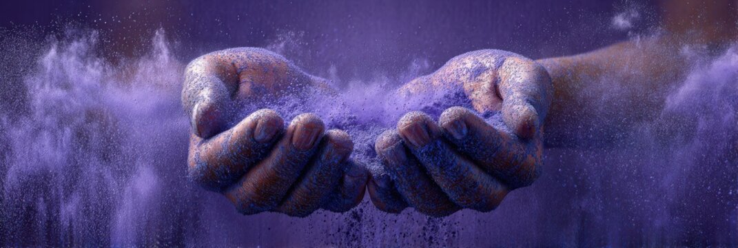 Hands releasing vibrant purple pigment in motion, epilepsy awareness, hope, support, and celebration of Purple Day