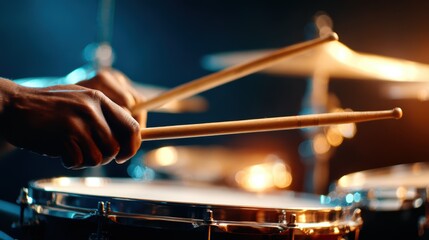 A close-up of a drummer’s hands vigorously playing the snare drum with drumsticks, illustrating the energy and passion behind the performance in a dark setting.