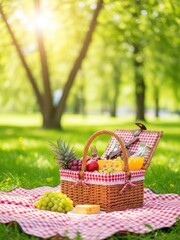 Bright Outdoor Fresh Picnic Basket with Fruits and Cheese in Summer