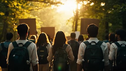 Activists march down forest path during sunset. People hold signs expressing important messages. Environmental awareness event gathers passionate individuals. Unity and hope inspire change.