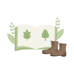 Open Book and Hiking Boots with Leaves Nature Study