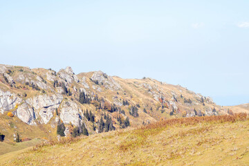 Mountain landscape with rocky outcrops, rugged hills, sparse vegetation and coniferous trees under clear blue sky