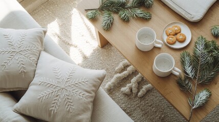 Refined festive lifestyle setup with natural materials, neutral tones, and a peaceful indoor ambiance, ideal for emotional storytelling.