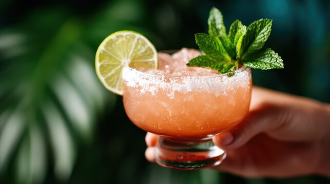 A beautifully crafted cocktail with ice, garnished with a lime slice and fresh mint, captures the essence of refreshment and relaxation in a vibrant green setting.