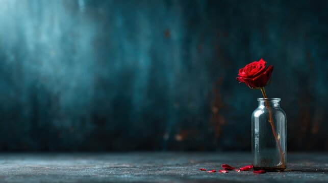 A stunning red rose stands tall in a minimalist glass vase, with scattered petals on a textured surface, creating an atmosphere of romance and elegance.