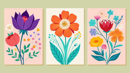 Vibrant collection of three abstract floral illustrations with bold colors and stylized designs