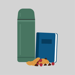 Adventure and Study Still Life with Thermos Book and Trail Mix