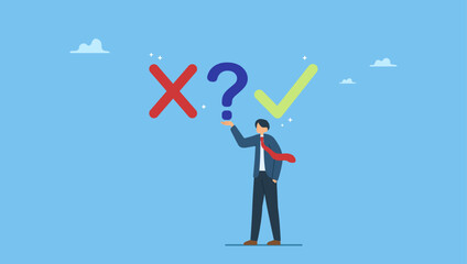 Businessman choosing right or wrong decision. Decision making right or wrong, decide or determination to solve problem, solution, choice or choosing pathway, thinking or challenge for result.