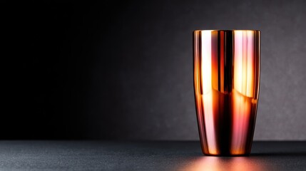 This striking image features a shiny orange copper tumbler, highlighting its modern design and reflective surface set against a deep, moody background that adds depth and intrigue.