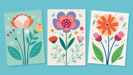 Three framed colorful folk art style floral illustrations with abstract flowers and leaves on a teal background