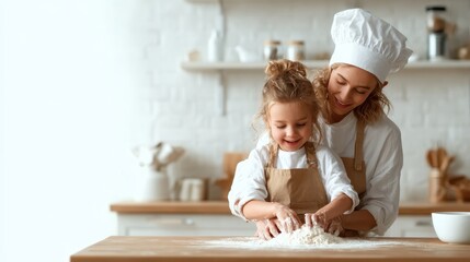 This heartwarming scene shows a mother and daughter joyfully baking together in a cozy kitchen, embodying love, family bonding, and the joy of cooking and creating memories together.