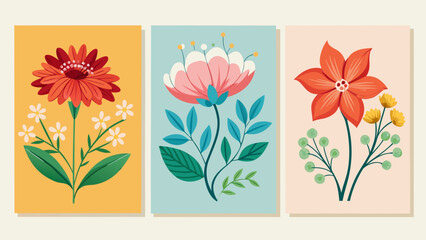 Three stylized floral illustrations with vibrant colors and simple shapes on pastel backgrounds