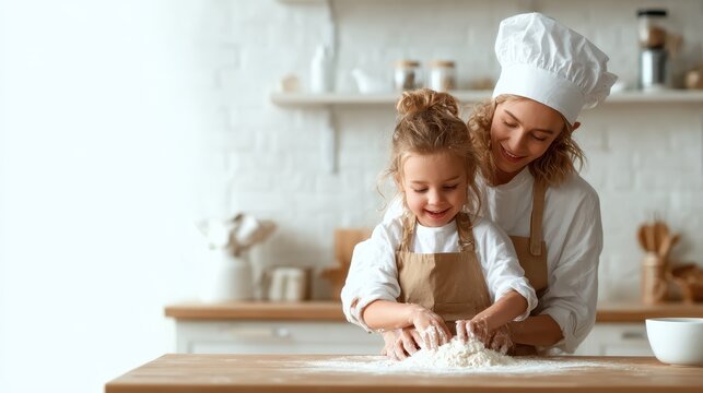 This heartwarming scene shows a mother and daughter joyfully baking together in a cozy kitchen, embodying love, family bonding, and the joy of cooking and creating memories together.