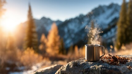 A steaming metal mug sits on a rock amidst a breathtaking mountain landscape at sunrise, evoking a sense of tranquility and adventure that invites a sip in nature's beauty.