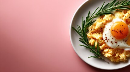 A nourishing plate of scrambled eggs beautifully presented with a fried egg on top, garnished with fresh herbs, representing comfort food at its best in a modern culinary setting.