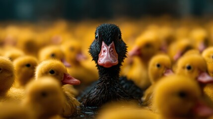 A captivating close-up of a black duck navigating through a multitude of yellow rubber ducks, spiraling around themes of contrast and charm in a playful aquatic world.