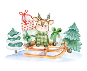 Cute watercolor illustration of a cozy reindeer sitting on a wooden sled with Christmas gifts, surrounded by snowy fir trees. Soft, festive, hand-painted winter holiday artwork.
