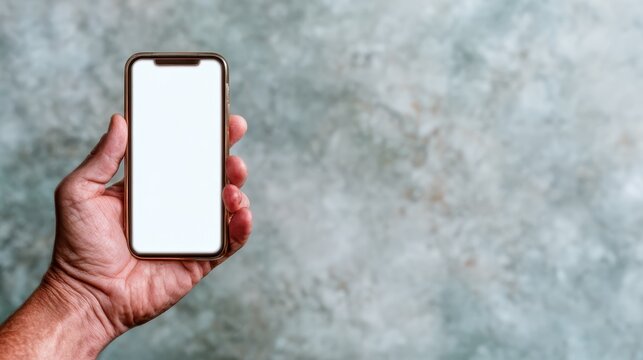 A hand is seen holding a smartphone with a blank screen, set against a textured background that emphasizes the focus on the device, perfect for tech-related projects.