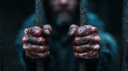 A haunting image of filthy hands gripping rusty prison bars, symbolizing loss of freedom and desperation, evoking emotions of pain and struggle in dark settings.