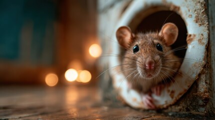 This close-up photograph shows a curious mouse looking out from its small home, conveying themes of curiosity, exploration, and nature's intimate moments.